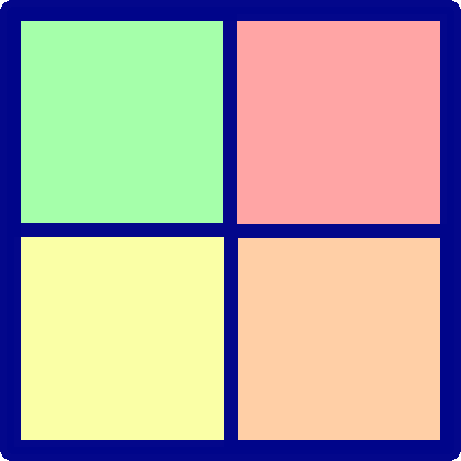 a 2x2 grid with dark blue outlines and the spaces filled with green, red, yellow and orange